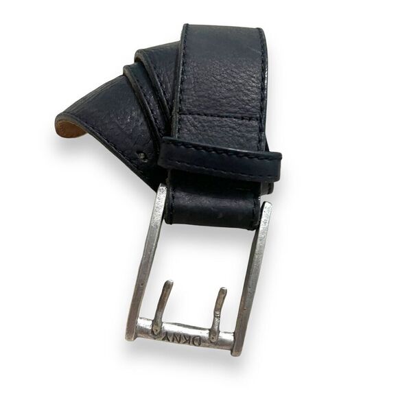 DKNY Black Leather Belt Large Double Prong Vintage 90s Will Fit Waists 26”-33” - Picture 1 of 9